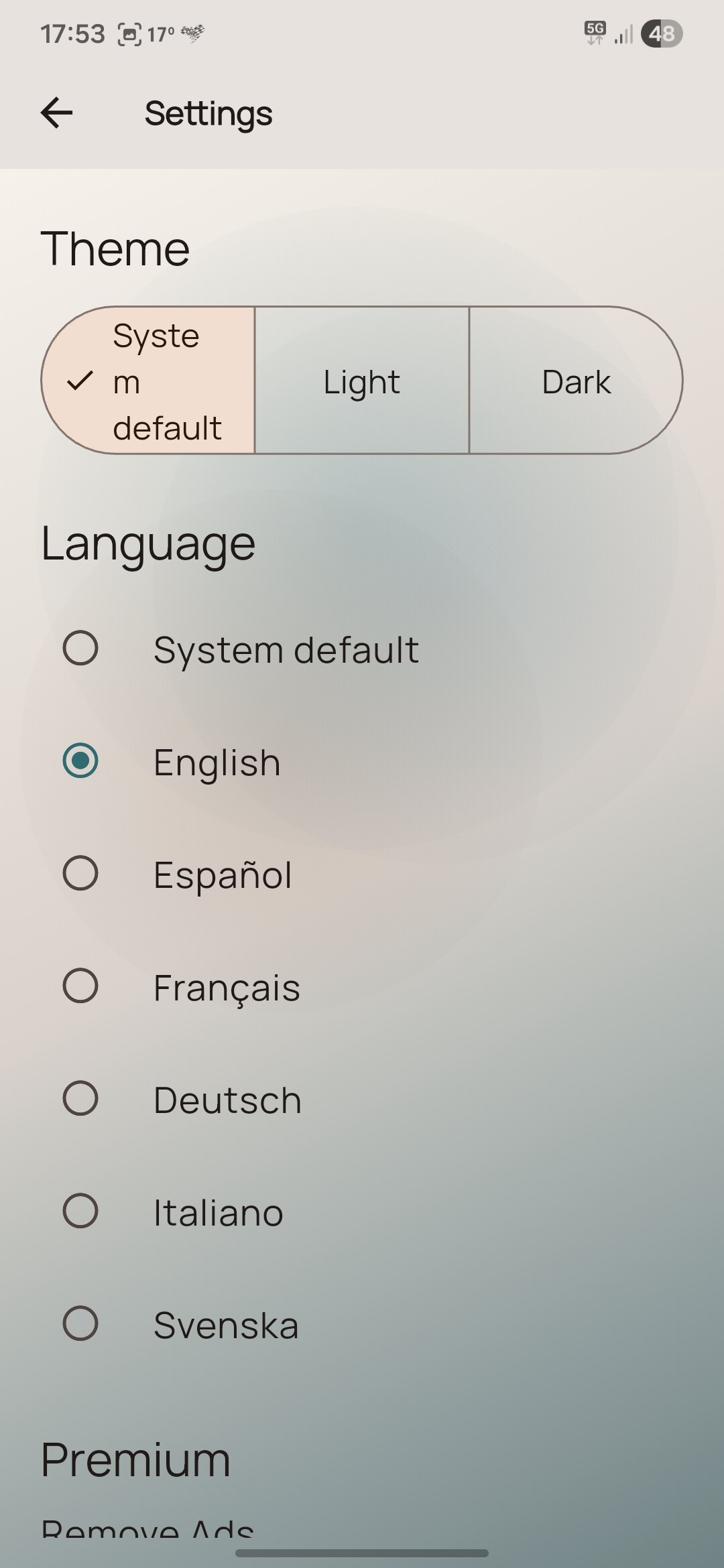 Laundry Symbol Decoder settings and language screen